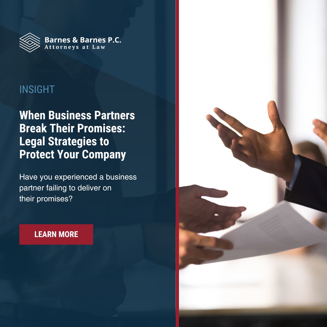 BarnesBarnesPC's tweet image. Have you experienced a #businesspartner failing to deliver on their promises? 

When your company’s stability is at risk, effective #legalstrategies can safeguard your interests. 

Learn more: barnespc.com/insights/when-…