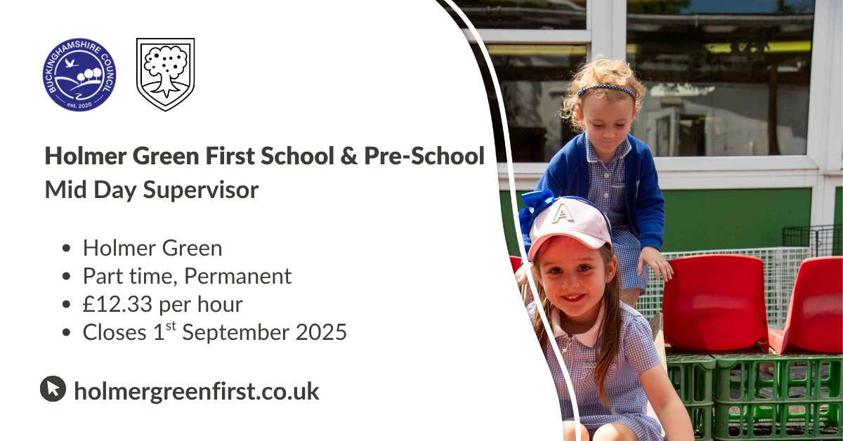 Holmer Green First School and Pre-School are looking for an energetic person to join their team. You must be patient with good time management skills to organise the smooth running of the dining hall. More: ow.ly/hUSv50WxpcX 

#MiddaySupervisor #JobsinSchools #Support