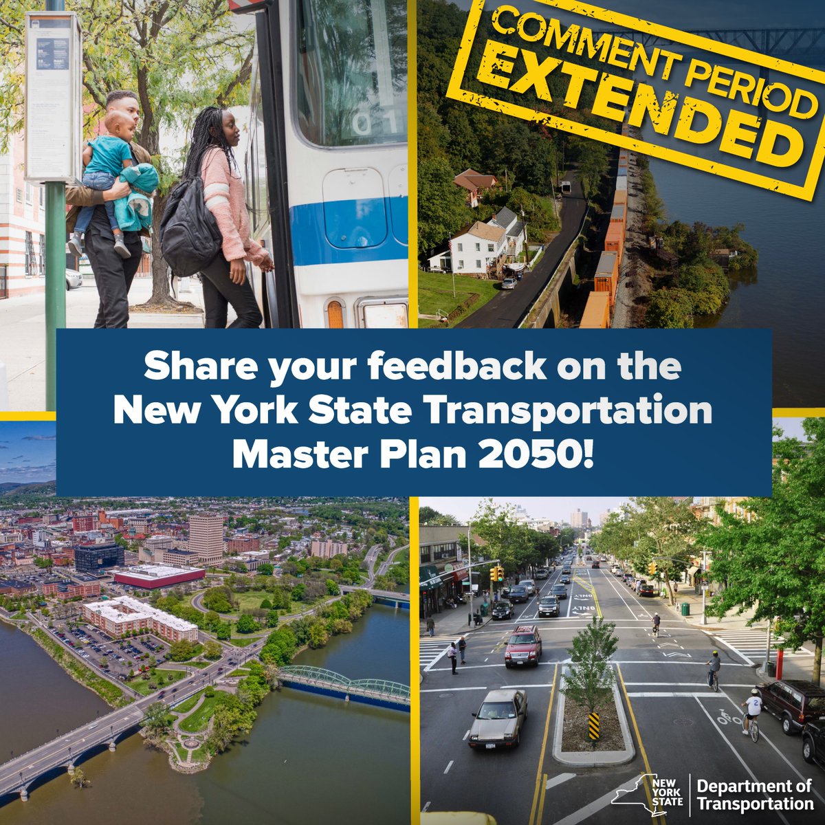 COMMENT PERIOD EXTENDED! The New York State Transportation Master Plan 2050 provides a long-range vision for our transportation system and a roadmap for getting there. 

Learn more here: nystransportationmasterplan.com and share your thoughts through August 11!