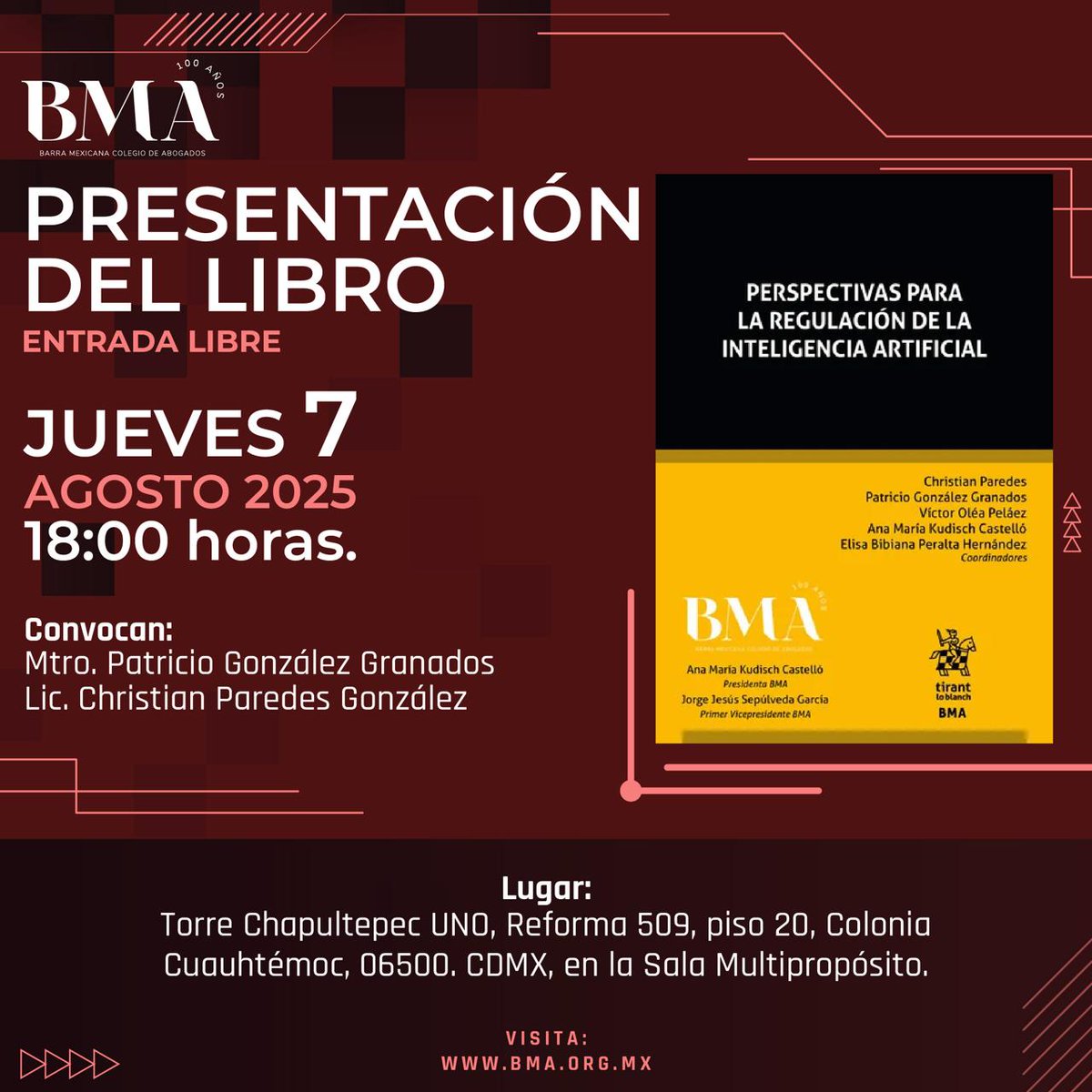 BMA_Abogados's tweet photo. 📚 ¡Te invitamos a la presentación del libro!
“Perspectivas para la regulación de la inteligencia artificial”
🗓 Jueves 7 de agosto de 2025
🕕  h
📍 Torre Chapultepec UNO, CDMX
🎙 Entrada libre
Una reflexión fundamental sobre los desafíos jurídicos de la IA, convocada por el Mtro. Patricio González Granados y el Lic. Christian Paredes González.
🔗 Más información: https://t.co/URdj1a1dql
#IAyDerecho #RegulaciónDigital #BarraMexicana @Tirantmexico
