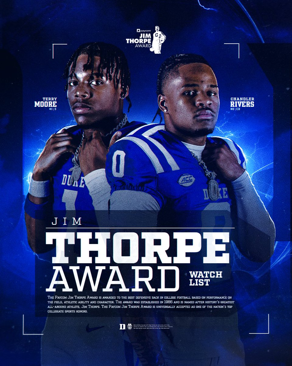 Duke Football (@dukefootball) on Twitter photo .<a href="/_ChandlerRivers/">βπππ Β²</a> and <a href="/TerryMoore02/">Terry.Moore</a> have been named to the Thorpe Award watch list! π .<a href="/_ChandlerRivers/">βπππ Β²</a> and <a href="/TerryMoore02/">Terry.Moore</a> have been named to the Thorpe Award watch list! π