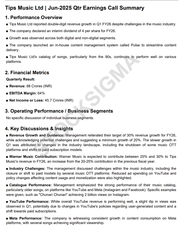 myAlerts_in's tweet image. #TIPSMUSIC #TIPSMUSICQ1 Tips Music Ltd Q1FY26 Earnings Concall Summary