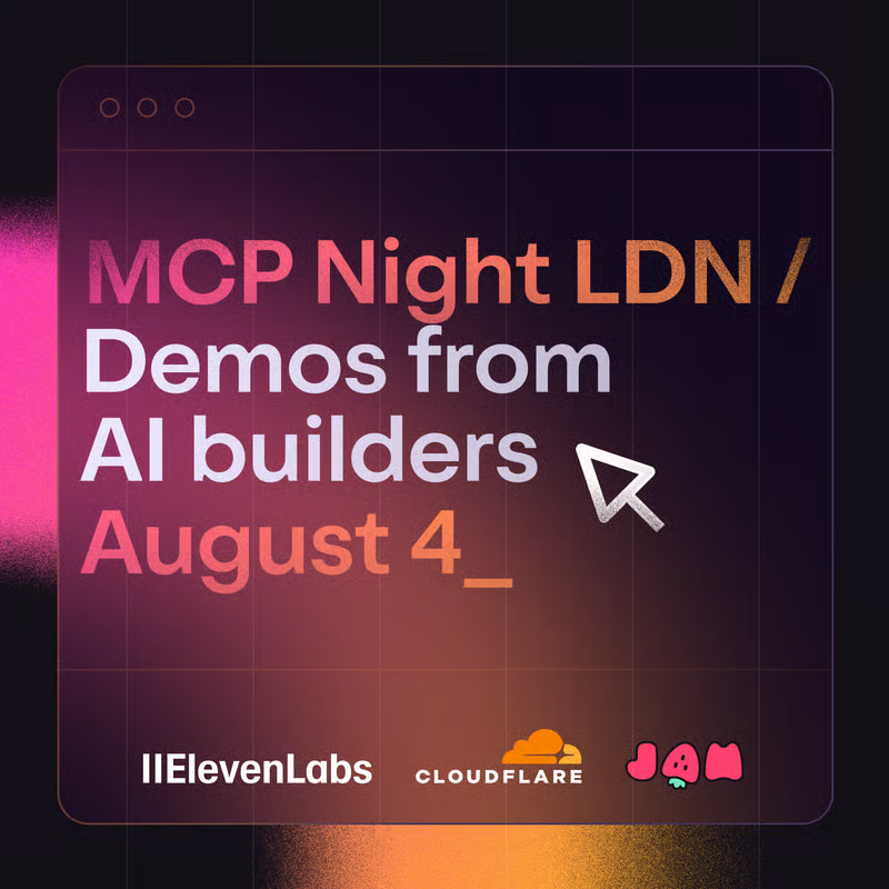 Cloudflare Developers (@cloudflaredev) on Twitter photo 🚀 Ready to see what's possible with Model Context Protocol?
Join us for MCP Demos Night! We're teaming up with some incredible friends to showcase the future of AI integrations:
⛅ Cloudflare (that's us!)
🎙️ <a href="/elevenlabsio/">ElevenLabs</a>
👩💻 <a href="/coderabbitai/">CodeRabbit</a>
🥫 <a href="/jamdotdev/">Jam.dev</a>
From voice synthesis to 🚀 Ready to see what's possible with Model Context Protocol?
Join us for MCP Demos Night! We're teaming up with some incredible friends to showcase the future of AI integrations:
⛅ Cloudflare (that's us!)
🎙️ <a href="/elevenlabsio/">ElevenLabs</a>
👩💻 <a href="/coderabbitai/">CodeRabbit</a>
🥫 <a href="/jamdotdev/">Jam.dev</a>
From voice synthesis to