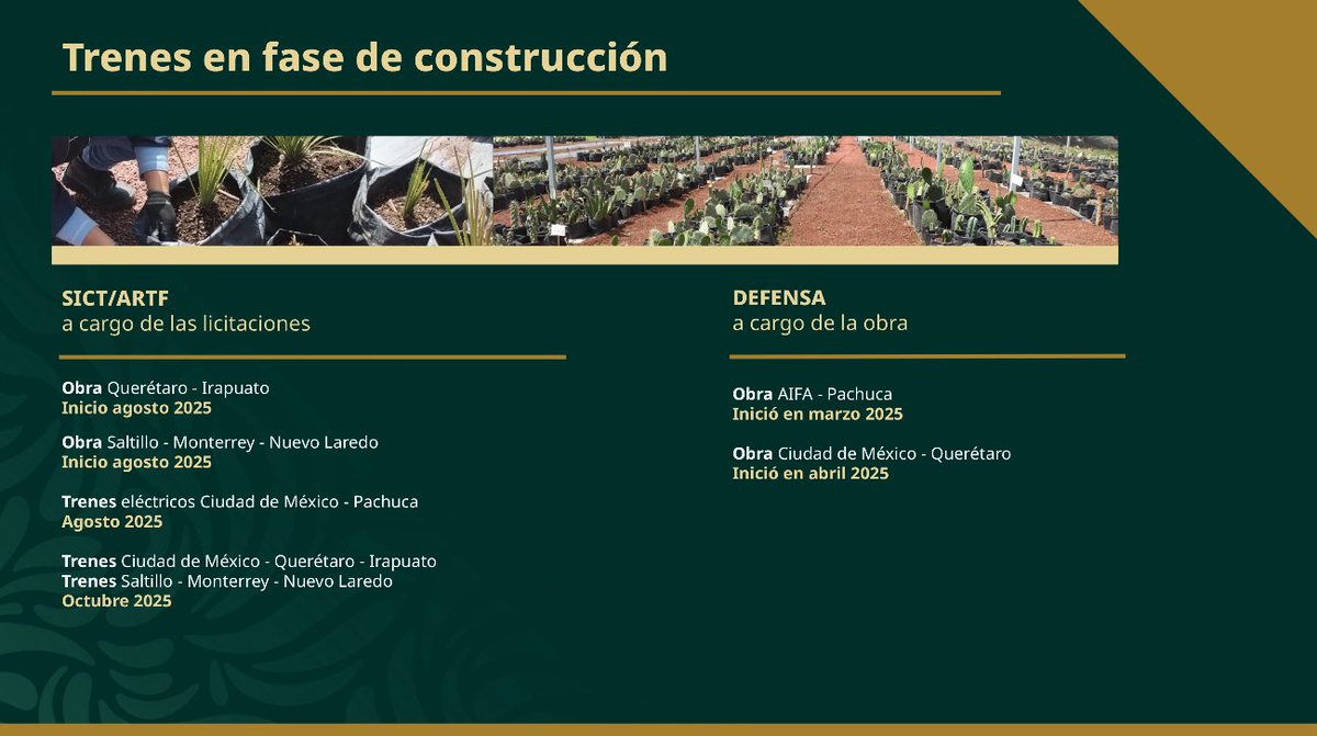 En la #MañaneraDelPueblo de hoy, con la Presidenta <a href="/Claudiashein/">Claudia Sheinbaum Pardo</a>, compartimos el avance de construcción de los nuevos trenes de pasajeros🚊:

✅En agosto, inician las obras de las rutas Querétaro-Irapuato y Saltillo Nuevo-Laredo.

✅Arrancamos los estudios para las nuevas rutas.
