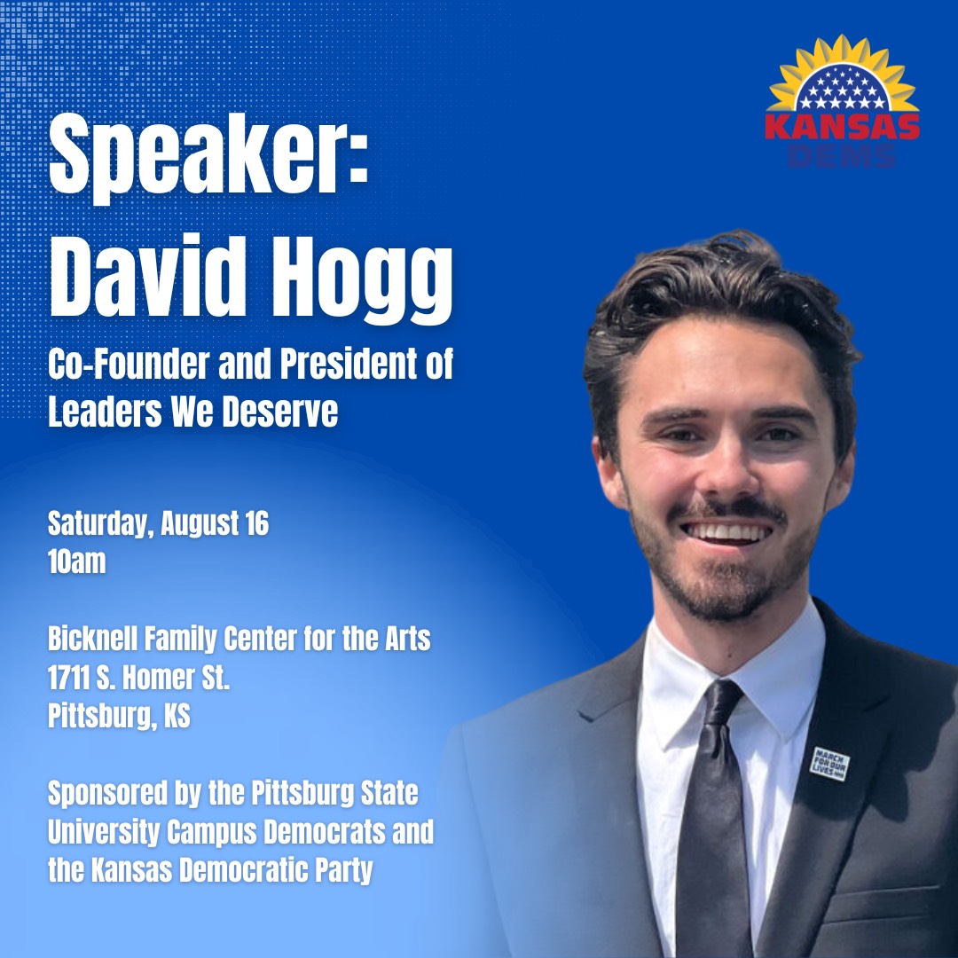 Kansas Dems (@kansasdems) on Twitter photo The Kansas Democratic Party is proud to support the KDP Young Dems Caucus and the Pittsburg State Democrats as they present a "Rally For The Future" with keynote speaker David Hogg.
<a href="/KansasYoungDems/">KS Young Democrats</a>
<a href="/davidhogg111/">David Hogg 🟧</a> The Kansas Democratic Party is proud to support the KDP Young Dems Caucus and the Pittsburg State Democrats as they present a "Rally For The Future" with keynote speaker David Hogg.
<a href="/KansasYoungDems/">KS Young Democrats</a>
<a href="/davidhogg111/">David Hogg 🟧</a>