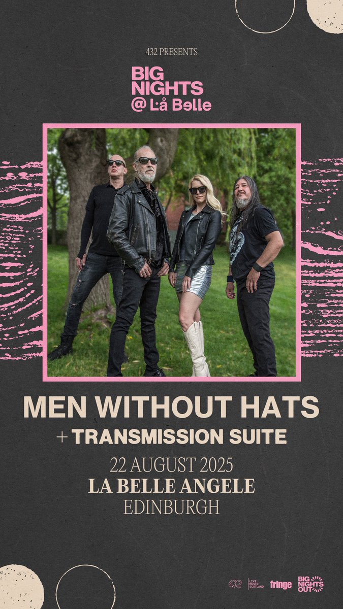 Transmission Suite (@transmsuite) on Twitter photo We’re excited to announce we will be supporting 80s synth legends <a href="/MenWithoutHats1/">Men Without Hats</a> at La Belle Angele, Edinburgh on August 22nd.
A 600-capacity venue in the middle of the <a href="/edfringe/">Edinburgh Festival Fringe</a>, grab your tickets now:
seetickets.com/event/men-with… We’re excited to announce we will be supporting 80s synth legends <a href="/MenWithoutHats1/">Men Without Hats</a> at La Belle Angele, Edinburgh on August 22nd.
A 600-capacity venue in the middle of the <a href="/edfringe/">Edinburgh Festival Fringe</a>, grab your tickets now:
seetickets.com/event/men-with…