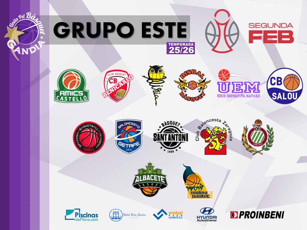 Units Pel Bàsquet Gandía 🏀 (@upbgandia) on Twitter photo 𝟭º 𝗘𝗤𝗨𝗜𝗣𝗢 | 🏀
Los rivales del PROINBENI en el grupo ESTE en la SEGUNDA FEB:👇
<a href="/amics_castello/">Amics Castelló</a>
<a href="/CBBenicarlo/">Maderas Sorlí Benicarló</a>
<a href="/AlbaceteBasket/">Bueno Arenas Albacete Basket</a>
<a href="/molinabasket/">Ciudad Molina Basket</a>
<a href="/CbSalou/">CB Salou</a>
<a href="/cbzaragoza/">Club Baloncesto Zaragoza</a>
<a href="/uemataro/">U.E. Mataró</a>
<a href="/CBSantAntoni/">Class Bàsquet Sant Antoni</a>
<a href="/CEBLliria/">CEB Llíria</a>
<a href="/CBPHuesca/">C.B. Peñas Huesca</a>
<a href="/cbgetafe/">CB. GETAFE</a>
<a href="/SBballAcademy/">SpanishBasketballAcademy</a>
<a href="/bisbalbasquet/">Bisbal Bàsquet //*//</a>
#UNITSCREIXEM 💜 𝟭º 𝗘𝗤𝗨𝗜𝗣𝗢 | 🏀
Los rivales del PROINBENI en el grupo ESTE en la SEGUNDA FEB:👇
<a href="/amics_castello/">Amics Castelló</a>
<a href="/CBBenicarlo/">Maderas Sorlí Benicarló</a>
<a href="/AlbaceteBasket/">Bueno Arenas Albacete Basket</a>
<a href="/molinabasket/">Ciudad Molina Basket</a>
<a href="/CbSalou/">CB Salou</a>
<a href="/cbzaragoza/">Club Baloncesto Zaragoza</a>
<a href="/uemataro/">U.E. Mataró</a>
<a href="/CBSantAntoni/">Class Bàsquet Sant Antoni</a>
<a href="/CEBLliria/">CEB Llíria</a>
<a href="/CBPHuesca/">C.B. Peñas Huesca</a>
<a href="/cbgetafe/">CB. GETAFE</a>
<a href="/SBballAcademy/">SpanishBasketballAcademy</a>
<a href="/bisbalbasquet/">Bisbal Bàsquet //*//</a>
#UNITSCREIXEM 💜
