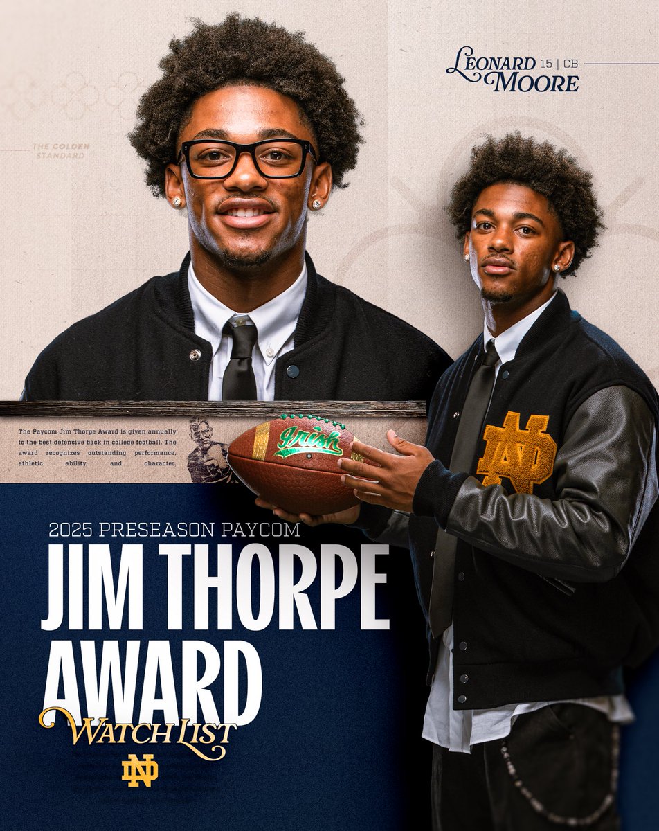 Moore love for Leonard ☘️

Leonard Moore has been named to the 2025 Paycom Jim Thorpe Award Watch List

#GoIrish☘️