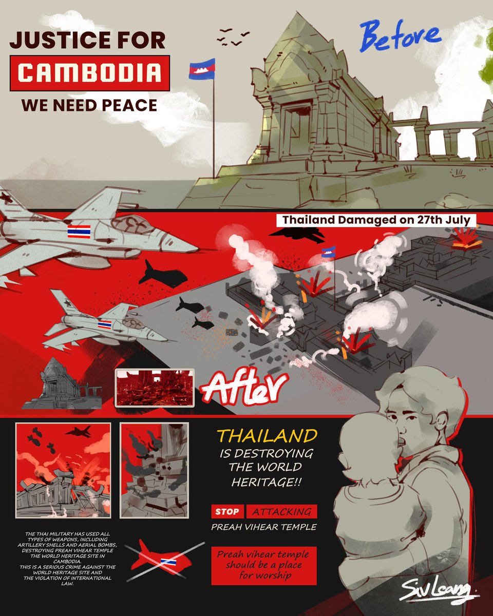 mabmab6406's tweet photo. Thailand Violates International Agreements!

Thai military forces have used U.S.-made F-16 fighter jets to launch attacks on Cambodian civilians and destroy the UNESCO World Heritage site at Preah Vihear Temple. This violates the conditions set by the United States for the use of American military equipment attacking civilians and heritage sites is strictly prohibited!

Innocent lives and Cambodia’s priceless cultural heritage are being destroyed. The world must not remain silent! 

We demand immediate international action to stop these violations.

#SavePreahVihear #CambodiaThailandConflict #JusticeForCambodia #StopWarCrimes #UNESCO