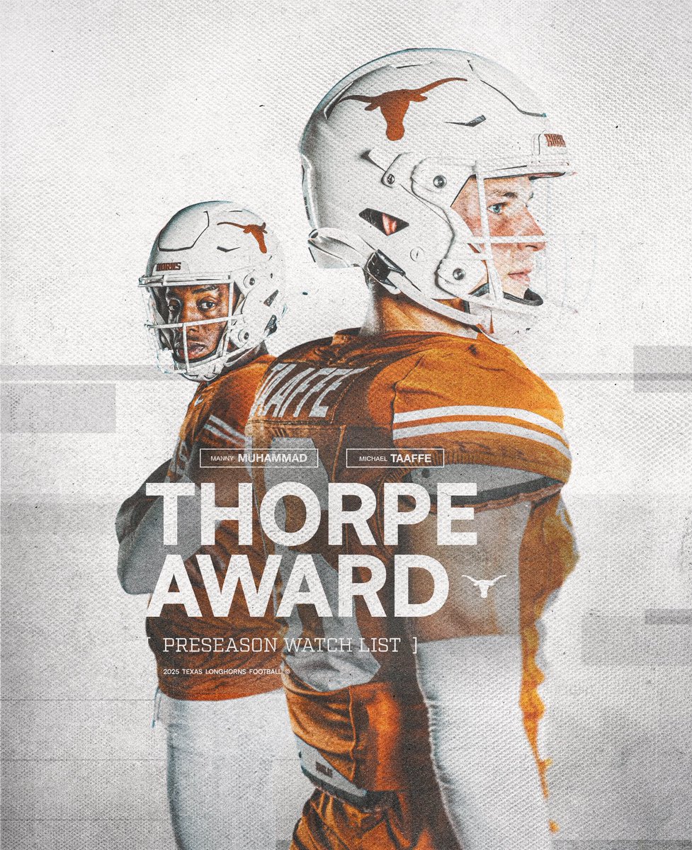 Texas Football (@texasfootball) on Twitter photo Michael Taaffe and Manny Muhammad have been named to the Thorpe Award watch list 🤘 <a href="/jimthorpeaward/">Paycom Jim Thorpe Award</a>
<a href="/MichaelTaaffe4/">Michael Taaffe</a> x <a href="/Returnof7/">Malik Muhammad II</a> Michael Taaffe and Manny Muhammad have been named to the Thorpe Award watch list 🤘 <a href="/jimthorpeaward/">Paycom Jim Thorpe Award</a>
<a href="/MichaelTaaffe4/">Michael Taaffe</a> x <a href="/Returnof7/">Malik Muhammad II</a>