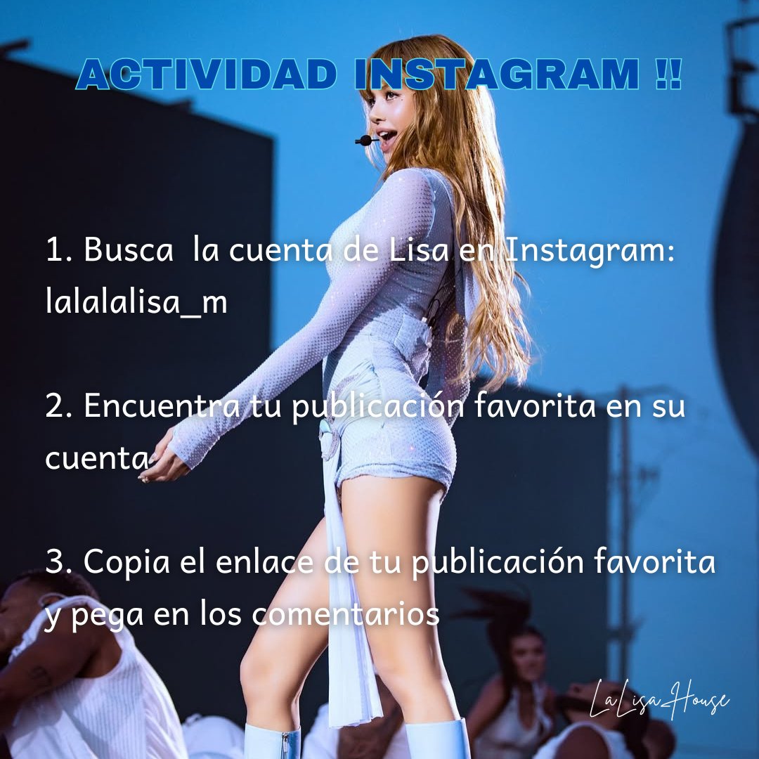 LaLisa_House's tweet image. 🚨ACTIVIDAD

1. Find Lisa&apos;s Instagram account: lalalalisa_m

2. Find your favorite post on her account

3. Copy the link to your favorite post and paste it in the comments

📍 instagram.com/lalalalisa_m?i…

#LISA #LISAxAlterEgo