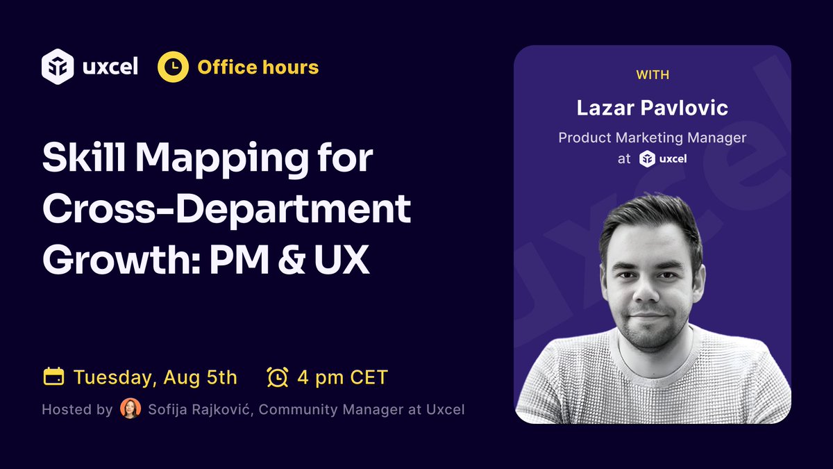 uxcelapp's tweet photo. 🚨 Office Hours are back — and this one’s a must-attend for product & design teams!
Join us live on August 5 for a deep dive into Skill Mapping for Cross-Department Growth: PM & UX

#UxcelLive #UXDesign #ProductManagement #SkillMapping #TeamGrowth #DesignLeadership #UXCareers #PMCareers #OfficeHours