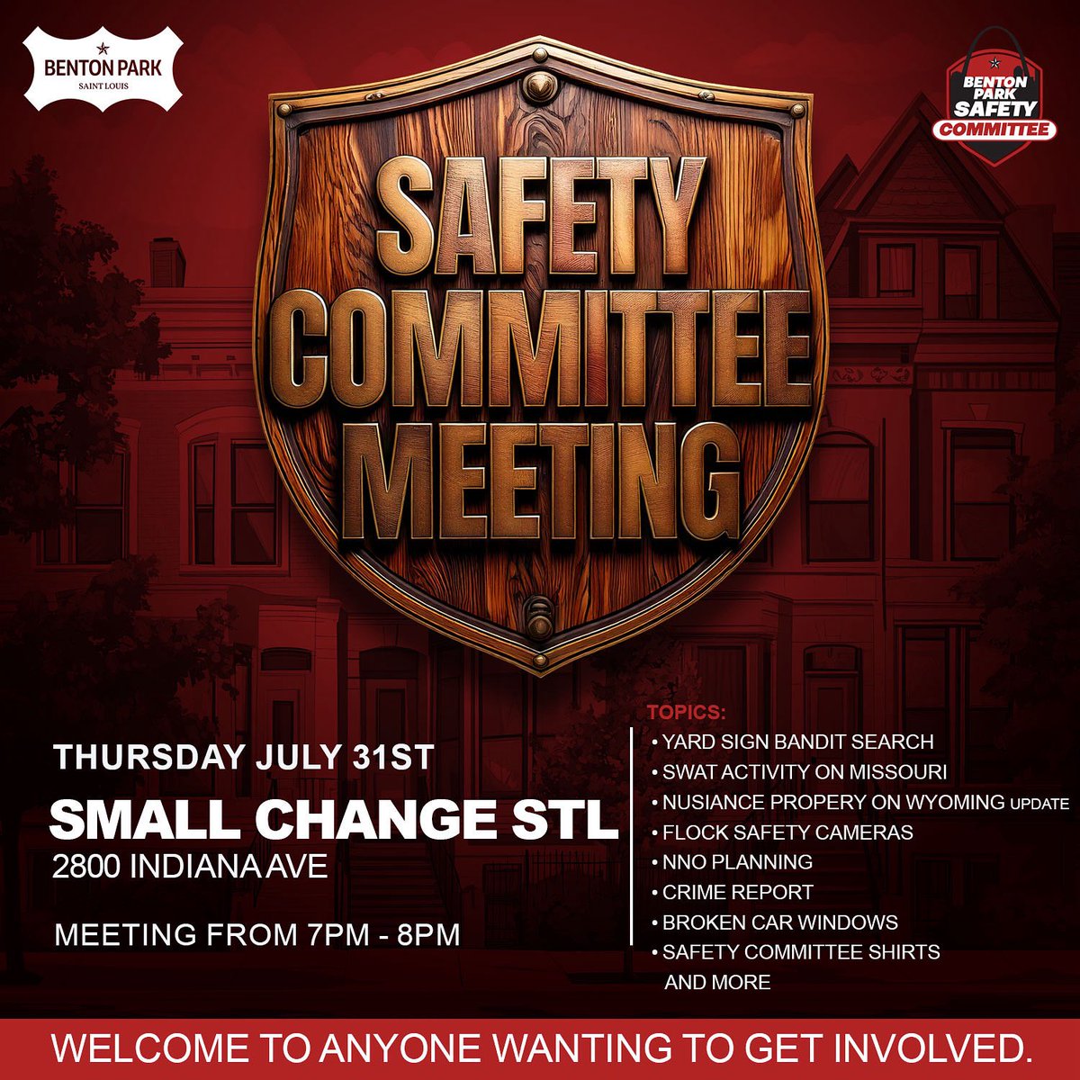 🚨 Benton Park Safety Committee Meeting – TOMORROW at 7PM! 🚨
📍 Small Change STL – 2800 Indiana Ave
Let’s meet at Small Change so we can create BIG changein our neighborhood. 💥
We’ve got important topics on deck.