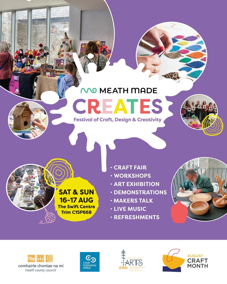 🎨 Join Meath Made Creative Collective at Swift Cultural Centre for a two day festival this August Craft Month as they celebrate with demonstrations, workshops, a craft fair, an exhibition, live music, and a Meet the Maker talk.

Find out more here: bit.ly/4mlG9sS