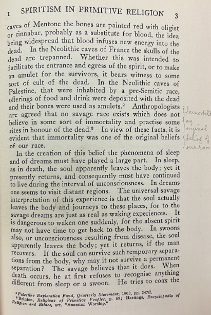 CumbCoHistSoc's tweet photo. Everett T. Tomlinson (1859-1931), a prolific author in Cumberland County, read and annotated the book Spiritism and the Cult of the Dead in Antiquity by Lewis B. Paton (1921). His annotation in the photo reads “Immortality an original belief of our race,” in reference to humans https://t.co/zPOw0GTWgJ