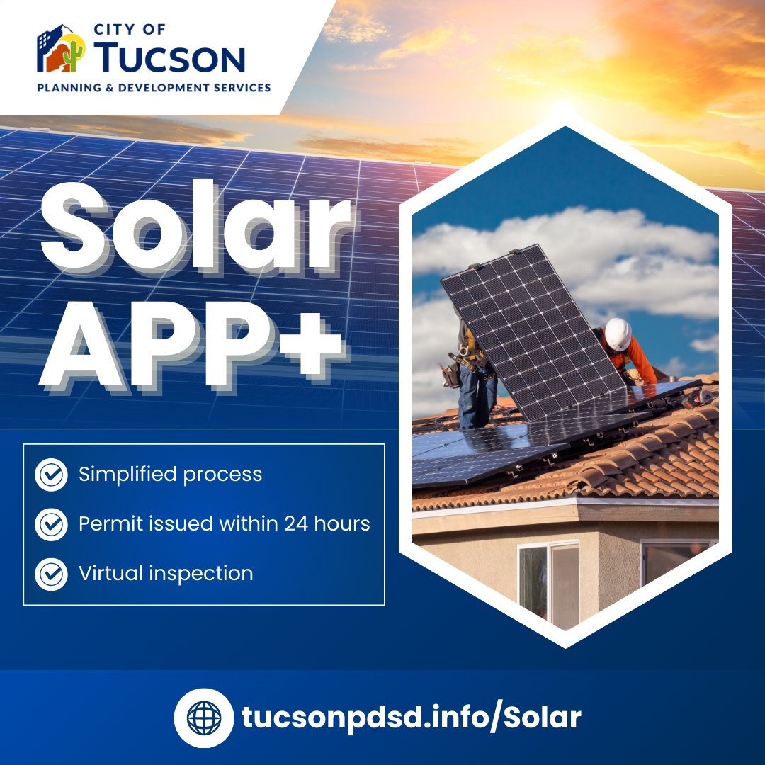 ☀️ Going solar in Tucson? SolarAPP+ offers same-day permit reviews for residential solar. Licensed contractors can get permits within 24 hours, and our inspectors review virtually to speed up the process.

Faster solar installations start here: tucsonpdsd.info/Solar