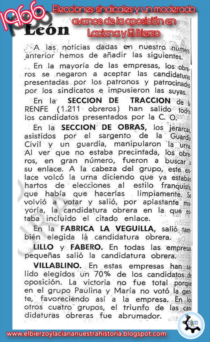 📅 1966. Elecciones sindicales

En Laciana y El Bierzo, pese a la represión, la oposición obrera logró abrirse paso 💪🗳️ Un avance moderado, pero con un fuerte significado político y sindical. ✊📚 Lee más 

👉 …oylaciananuestrahistoria.blogspot.com/2025/07/1966-e…

#NuestraHistoria #Laciana #ElBierzo 🛠️📖