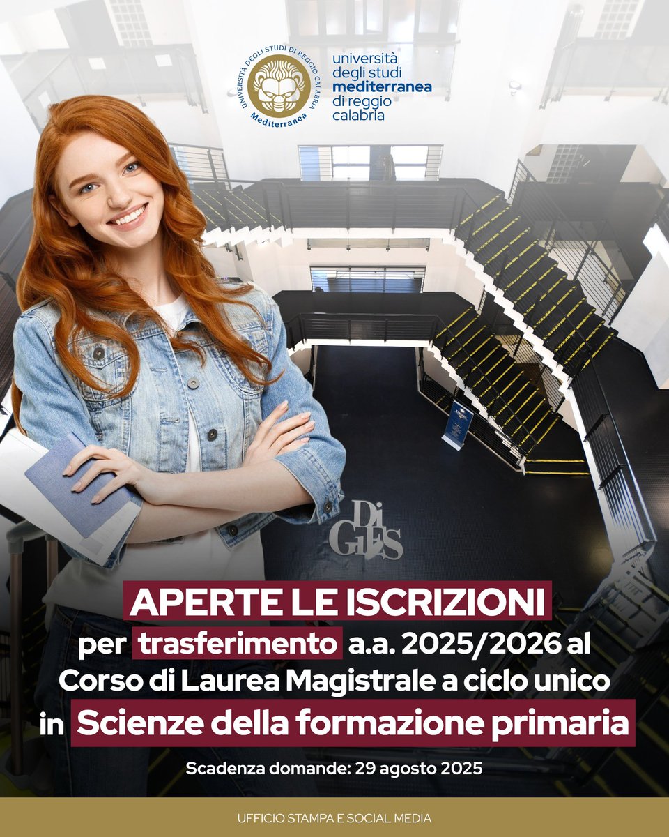🔹 APERTE LE ISCRIZIONI per il trasferimento A.A. 2025/2026
al Corso di Laurea Magistrale a ciclo unico in Scienze della Formazione Primaria (LM-85 bis)

🔗 Consulta il link:
unirc.it → Scienze della Formazione Primaria