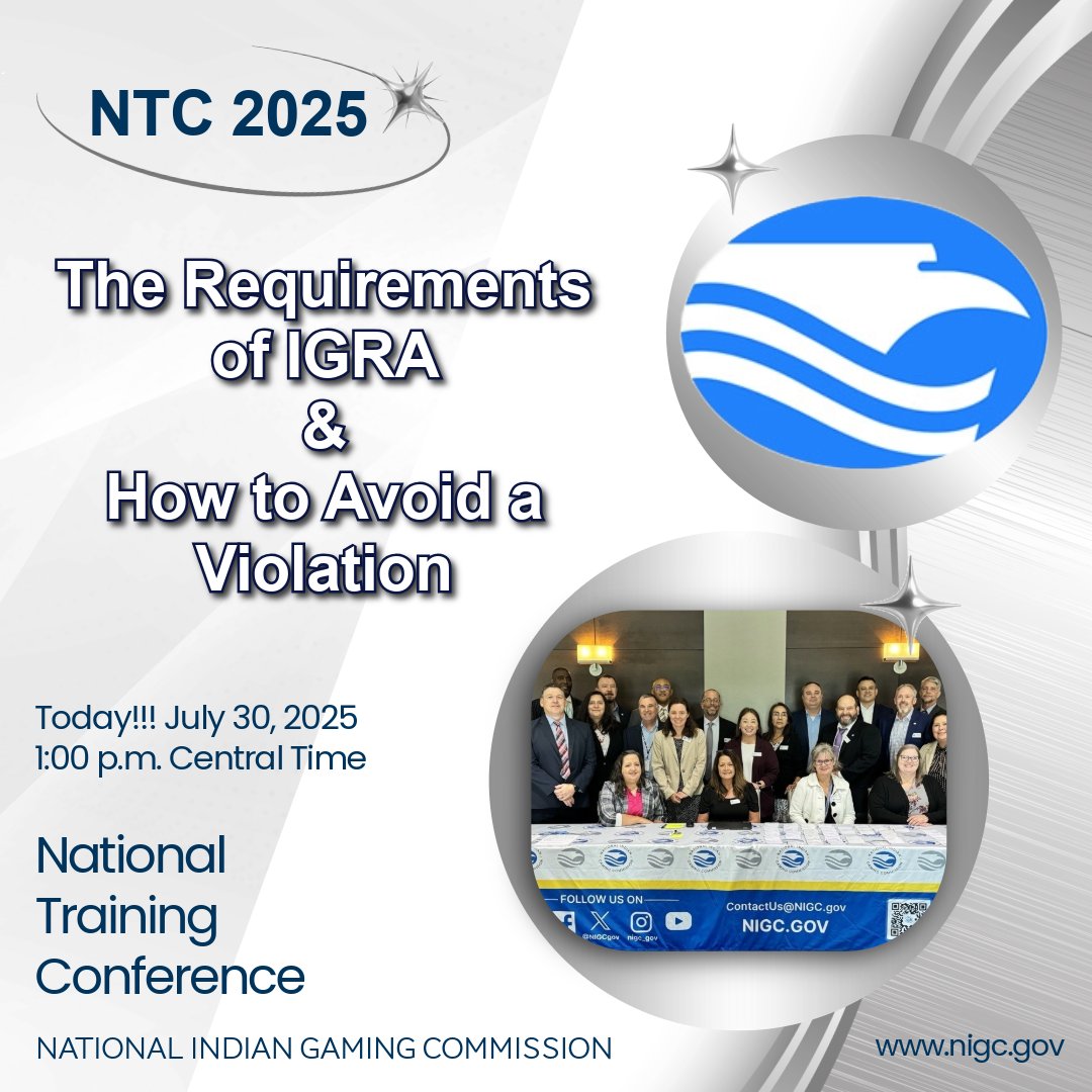 National Indian Gaming Commission (@nigcgov) on Twitter photo True or False?
Once a management contract is submitted for review and approval, the NIGC has 180 days to review the agreement.
Think you know the answer?
Join: The Requirements of IGRA & How to Avoid a Violation 
1:00 – 3:15 p.m. CDT
Register now: zoomgov.com/webinar/regist… True or False?
Once a management contract is submitted for review and approval, the NIGC has 180 days to review the agreement.
Think you know the answer?
Join: The Requirements of IGRA & How to Avoid a Violation 
1:00 – 3:15 p.m. CDT
Register now: zoomgov.com/webinar/regist…