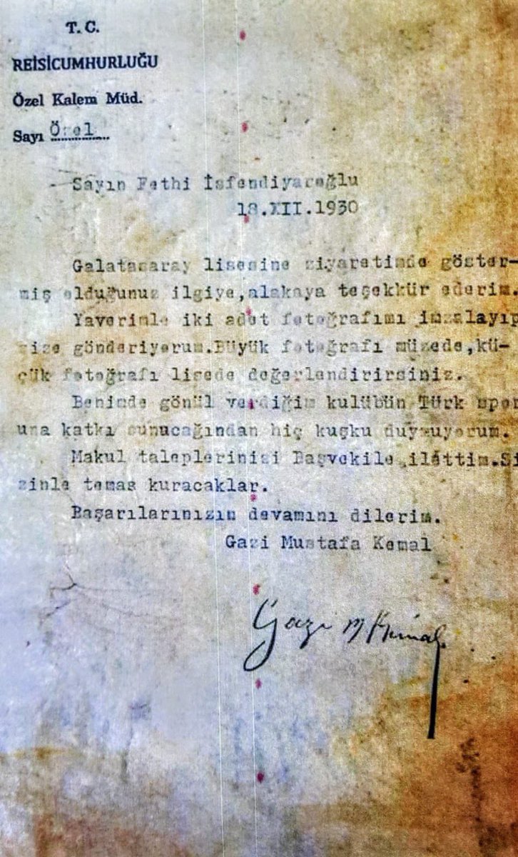 Atatürk ' ten Galatasaraylı olduğuna dair imzalı mektup.