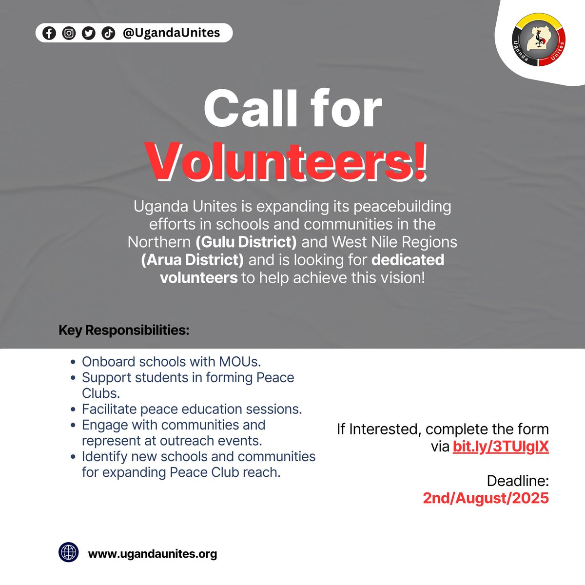 📣 Calling Volunteers in Gulu &amp; Arua!

Join us as we expand our peacebuilding programs in schools and communities.

✌️Sign up today to be part of the movement via tinyurl.com/7f95t22n