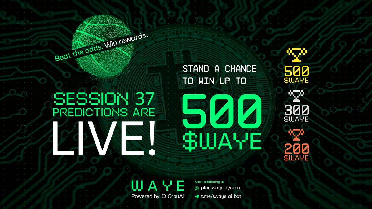 ⚡SESSION 37 IS LIVE!

Missed session 36? Don't stress, session 37 just dropped with fresh predictions.

This session is all about &gt;&gt;&gt;

- Crypto market swings
- Tech disruptions
- WAYEger's algorithmic plays

The stakes:
🥇 500 $WAYE 
🥈 300 $WAYE 
🥉 200 $WAYE

Beat the odds.