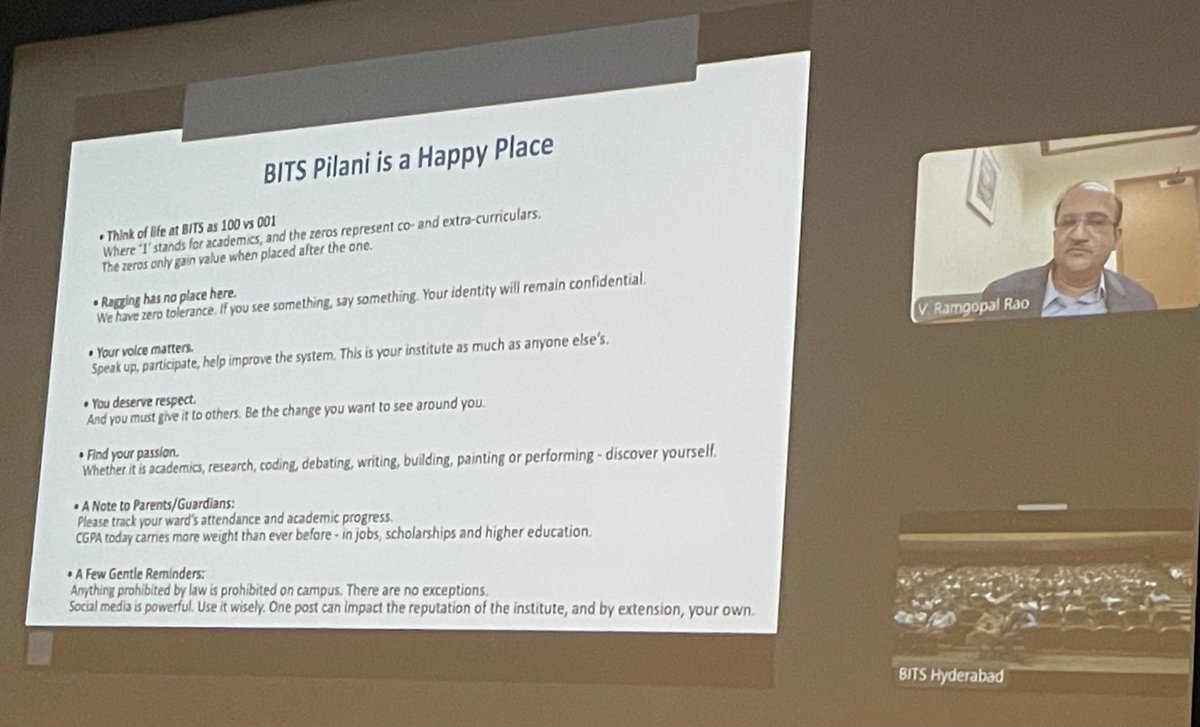 Dear <a href="/ramgopal_rao/">V. Ramgopal Rao, Ph.D.</a> sir, it was great listening to you today at BITS orientation session. Too glad my son chose BITS for his higher studies. The atmosphere in there is so amazing that even I didn’t want to leave the premises. Wish great success for all BITSians! <a href="/bitspilaniindia/">BITS Pilani</a>