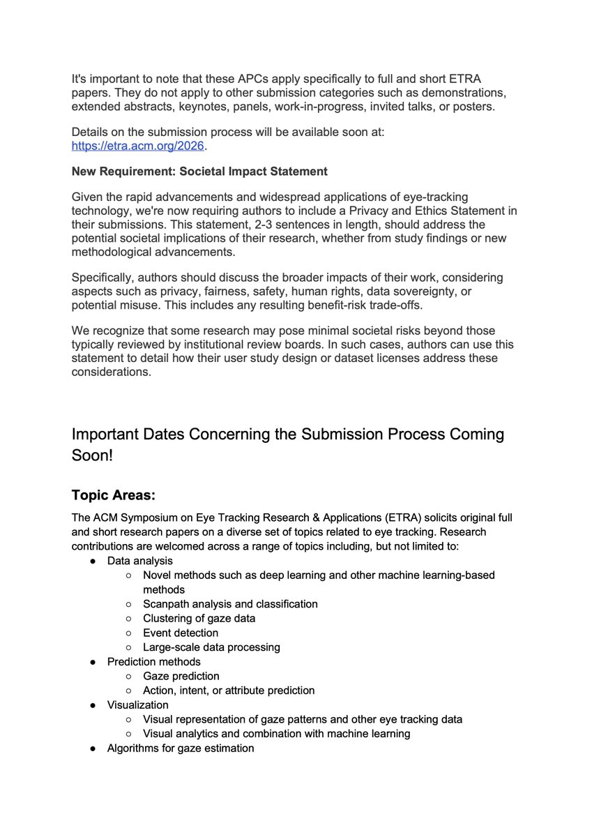 ETRA_conference's tweet image. 🔥 The #ETRA2026 is coming to beautiful Marrakesh, Morocco 🇲🇦 in early June!
📝 Call for Papers now released
📚 Journal publication options available (PACM CGIT/HCI)
⚠️ Note: ACM transitioning to 100% Open Access in 2026

#EyeTracking #Research #Morocco #HCI #ComputerVision