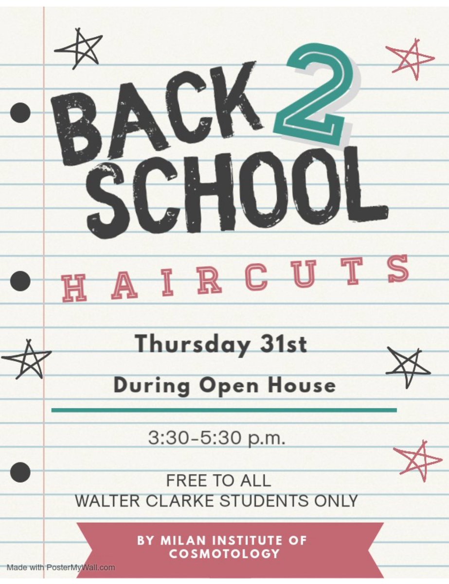 Daniela Palmer (@waltereclarkems) on Twitter photo Join us at our Open House Tomorrow and receive your Scholar’s schedule, Back to School information, Food and Back to School Haircuts!!!!! Provided to you by Milan Institute of Cosmetology!
From 3:30 to 5:30
Go Cowboys!!!! 🤠
<a href="/JEstrada_CMS/">Jessica Estrada</a> <a href="/LLopezJr_CMS/">Lorenzo J Lopez Jr</a> Join us at our Open House Tomorrow and receive your Scholar’s schedule, Back to School information, Food and Back to School Haircuts!!!!! Provided to you by Milan Institute of Cosmetology!
From 3:30 to 5:30
Go Cowboys!!!! 🤠
<a href="/JEstrada_CMS/">Jessica Estrada</a> <a href="/LLopezJr_CMS/">Lorenzo J Lopez Jr</a>
