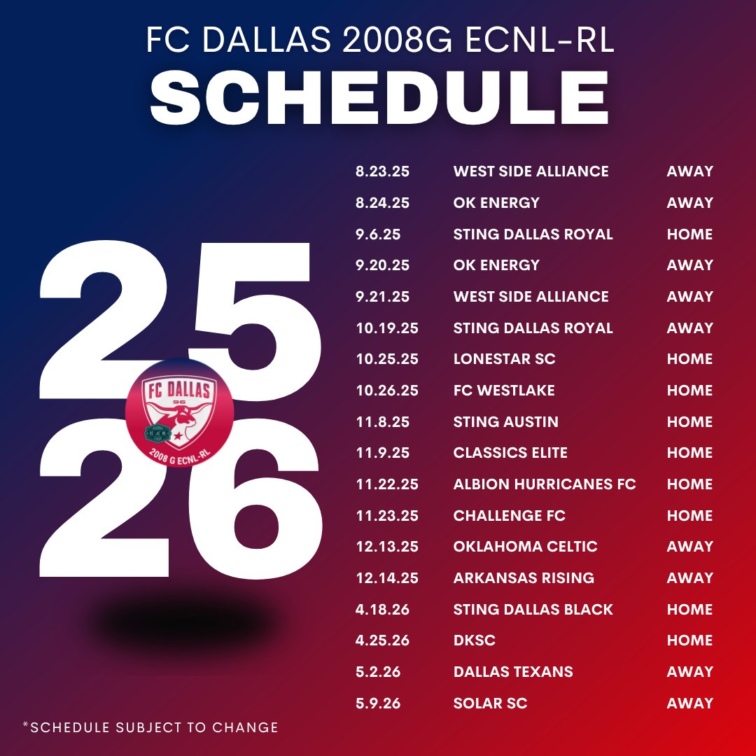 FC Dallas 08g ECNL RL (@fcdallas08gecrl) on Twitter photo National Soccer Day may have been earlier this week, but for us, EVERY Day is soccer day! ❣️Make sure to pin our 25-26 league schedule!
<a href="/ECNLgirls/">ECNL Girls</a> <a href="/FCDGirlsECNL/">FC Dallas Girls ECNL</a> <a href="/FondrenJames/">James Fondren</a> <a href="/matt_martucci/">Matt Martucci</a> #scheduledrop National Soccer Day may have been earlier this week, but for us, EVERY Day is soccer day! ❣️Make sure to pin our 25-26 league schedule!
<a href="/ECNLgirls/">ECNL Girls</a> <a href="/FCDGirlsECNL/">FC Dallas Girls ECNL</a> <a href="/FondrenJames/">James Fondren</a> <a href="/matt_martucci/">Matt Martucci</a> #scheduledrop