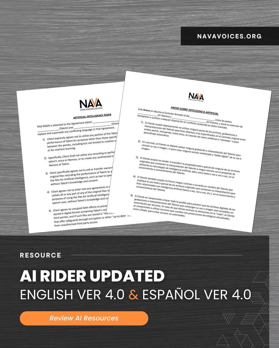 The NAVA AI Rider has been updated to version 4.0 and is now available in Spanish as well! This free resource is available now on the NAVA website along with a host of additional items such as our Non Union Scope of Work agreements!

#NAVAvoices