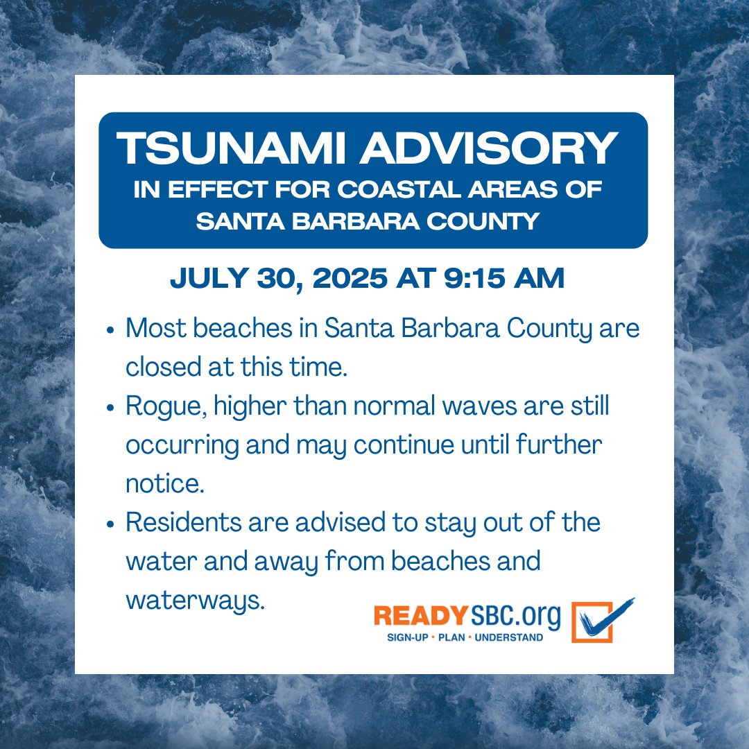 SBCountyOEM (@sbcountyoem) on Twitter photo ⚠️ A Tsunami Advisory remains in effect for coastal areas of #SantaBarbaraCounty.
❌ Most beaches in Santa Barbara County are currently closed. Stay away from the water, beaches, and waterways.
#ReadySBC ⚠️ A Tsunami Advisory remains in effect for coastal areas of #SantaBarbaraCounty.
❌ Most beaches in Santa Barbara County are currently closed. Stay away from the water, beaches, and waterways.
#ReadySBC