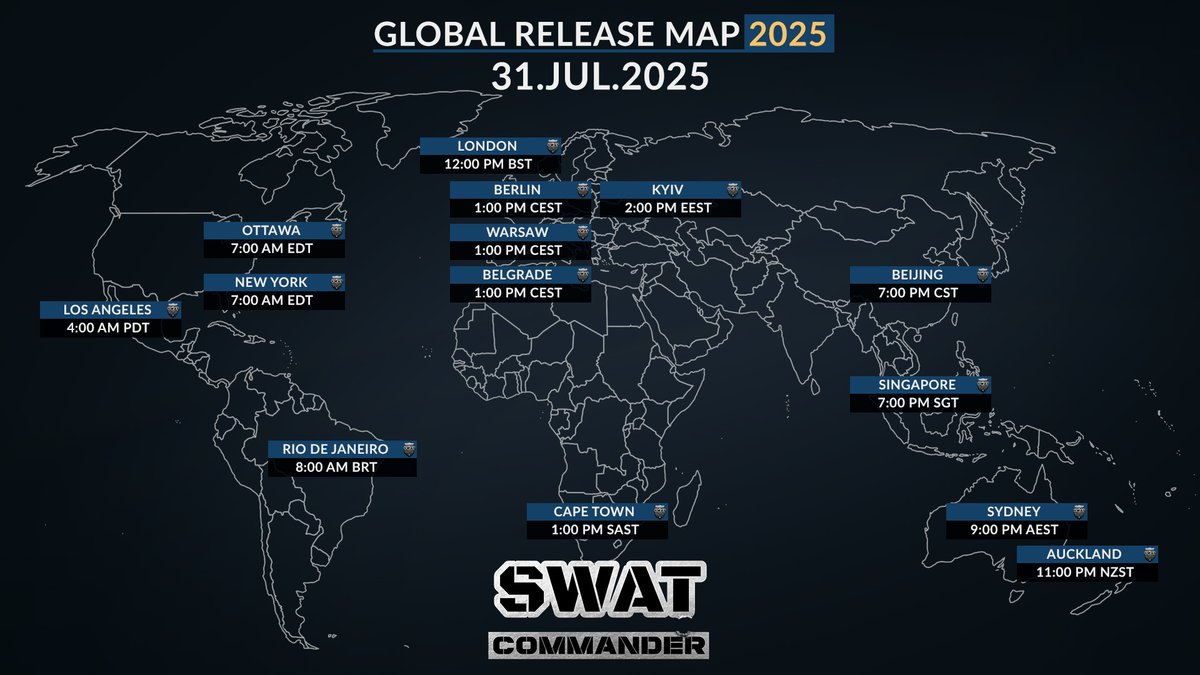 #SWATCommander is coming to Early Access on
<a href="/Steam/">Steam</a> tomorrow, starting at 13:00 CEST!

Check out what time that is for you on our Global Release Map! 
store.steampowered.com/news/app/16193…

#IndieGameDev #gamedev #SteamGame #IndieDevs