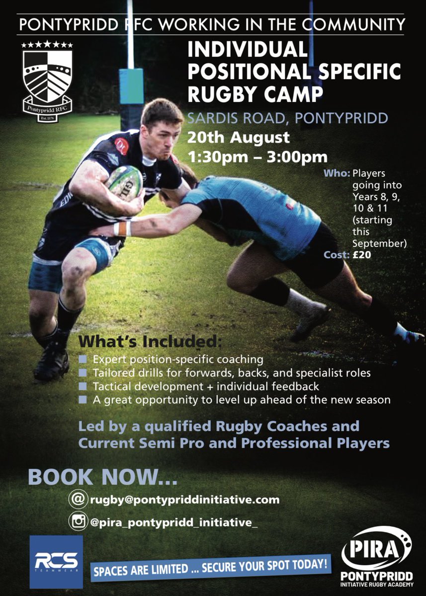 𝙐𝙋𝘾𝙊𝙈𝙄𝙉𝙂 𝙍𝙐𝙂𝘽𝙔 𝘾𝘼𝙈𝙋 🏉

📆 Wednesday 20th August with the <a href="/PontypriddI/">Pontypridd Initiative Rugby Academy</a>, all the details are below ⬇️
