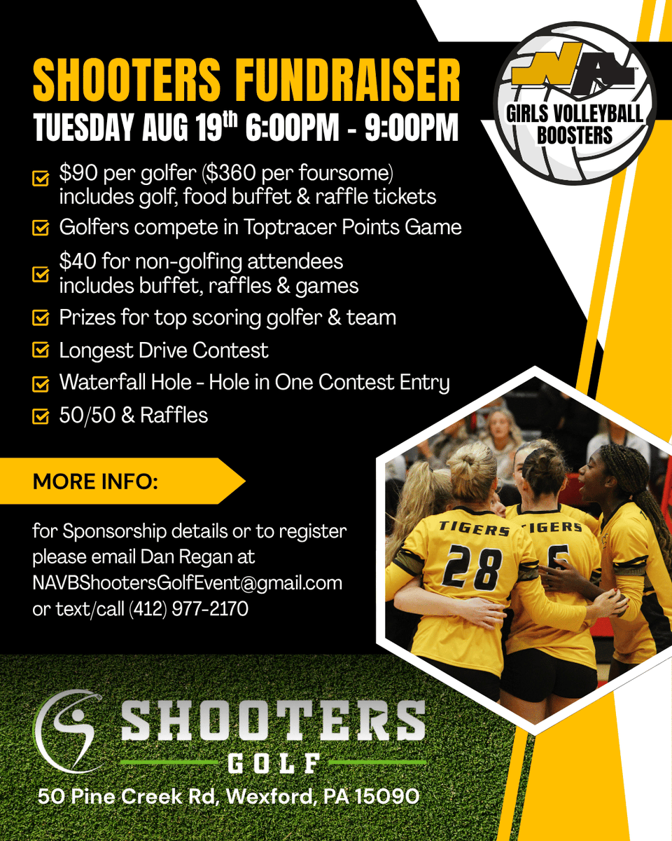 Don't miss the NA Girls Volleyball Shooters Fundraiser on Aug 19th! It's a great night of fun to benefit our amazing team! Have a business looking to support NA Girls Sports? Consider a sponsorship this season!