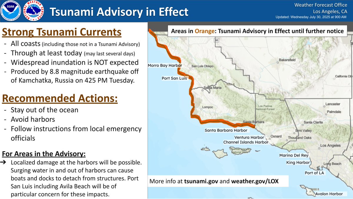 Current info about the tsunami (900 AM).

Main thing to stress is that currents will be very strong across all the coastal waters today. So, people should stay out of the water and avoid harbors all along the #SoCal coast. #CAwx