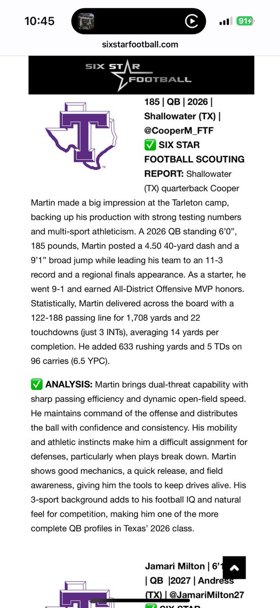 Thank you <a href="/sixstarfootball/">Six Star Football | PLUS+</a> for another write up! #AGTG ‼️<a href="/806hsscmedia/">Jasone Pearson</a> <a href="/ShallySportsNet/">Shallowater Sports Network</a> <a href="/CoachWhiteDB1/">Coach White</a> <a href="/CoachWallace03/">Robert(Bubba)Wallace</a>