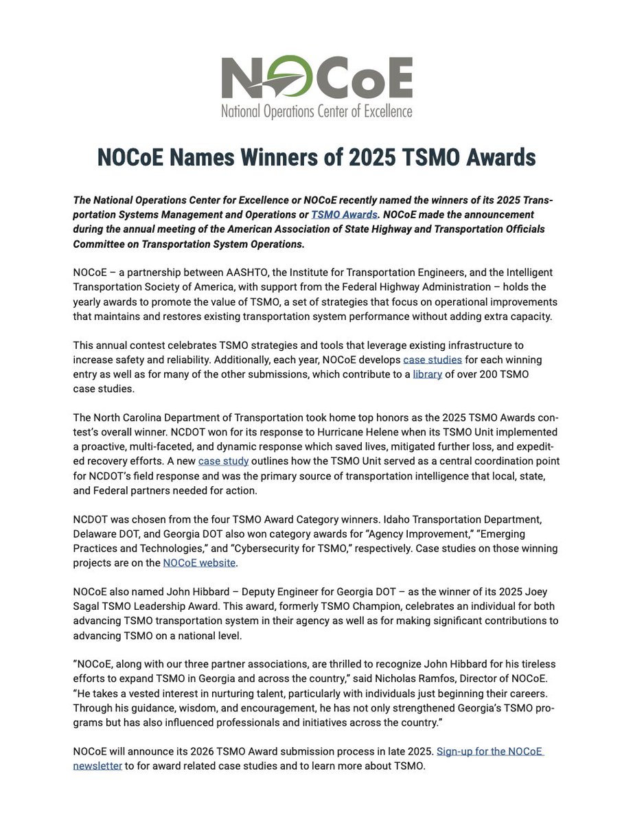 NOCoEOps's tweet image. New Press Release:
NOCoE recently named the winners of its 2025 Transportation Systems Management and Operations or TSMO Awards. NOCoE made the announcement during the annual meeting of the @aashtospeaks Committee on Transportation System Operations.
- Congratulations to John…