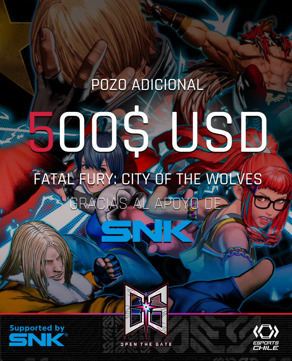[POZO ADICIONAL]

Gracias al apoyo de <a href="/SNKPofficial/">SNK GLOBAL</a> el torneo de Fatal Fury:COTW tendrá un agregado de 500 dolares al pozo!! debido a la gran suma acumulada, el pozo ahora se distribuirá al Top 8 en vez de solo al top 3.

<a href="/snk_esports_hub/">SNK Esports Hub</a>
<a href="/SNKPofficial_jp/">SNK JAPAN</a>
#Cotw