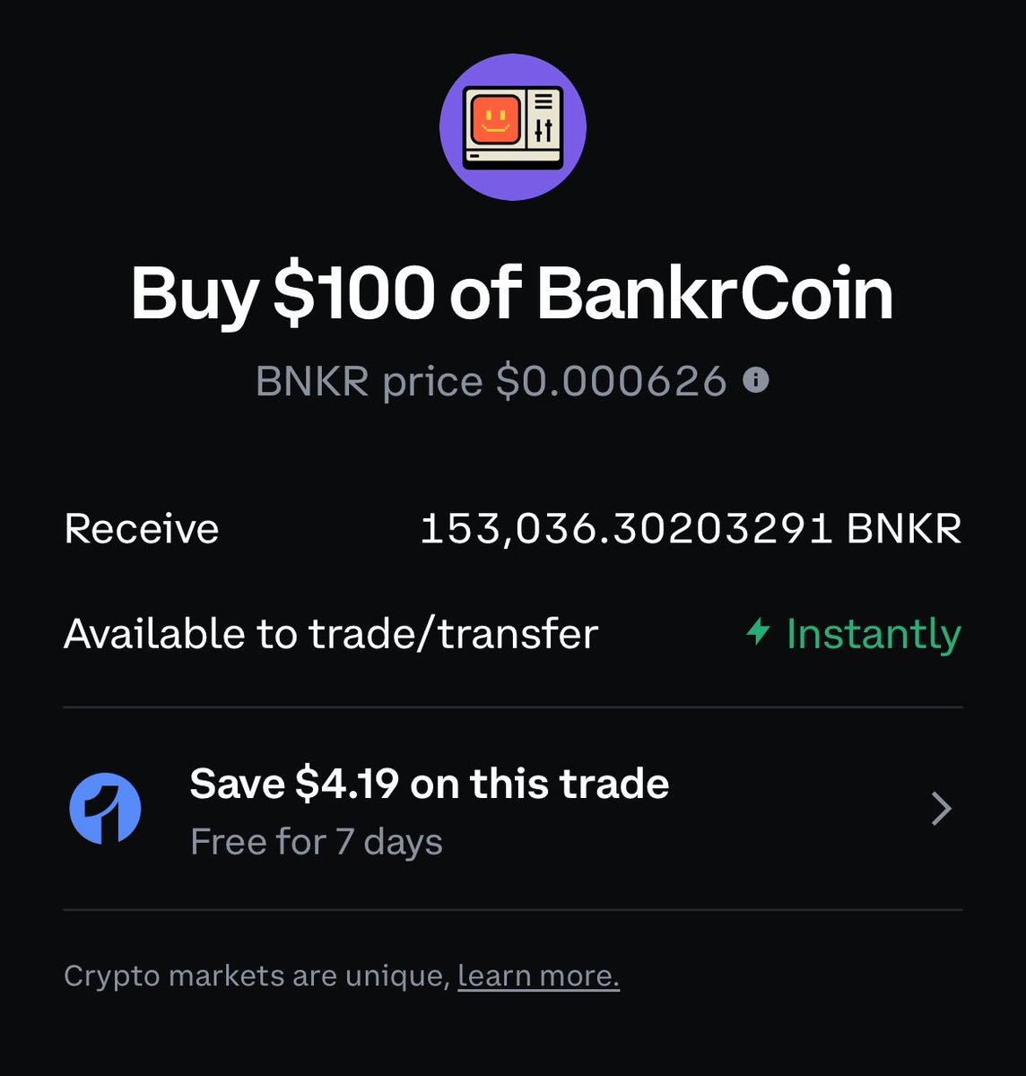 0xDeployer's tweet photo. just bought $100 of $BNKR on coinbase instantly https://t.co/CwQ4zP1fqC