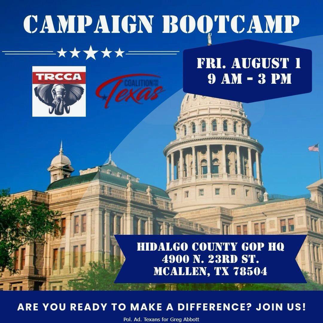 Interested in running for office in 2026? The Texas Republican Party County Chairman’s Association and the Coalition Por Texas is hosting a Campaign Bootcamp Friday, August 1st at the Hidalgo GOP HQ! Join us 9am-3pm at 4900 N. 23rd McAllen Texas 78501! #RGV #KeepinItRed 🇺🇸