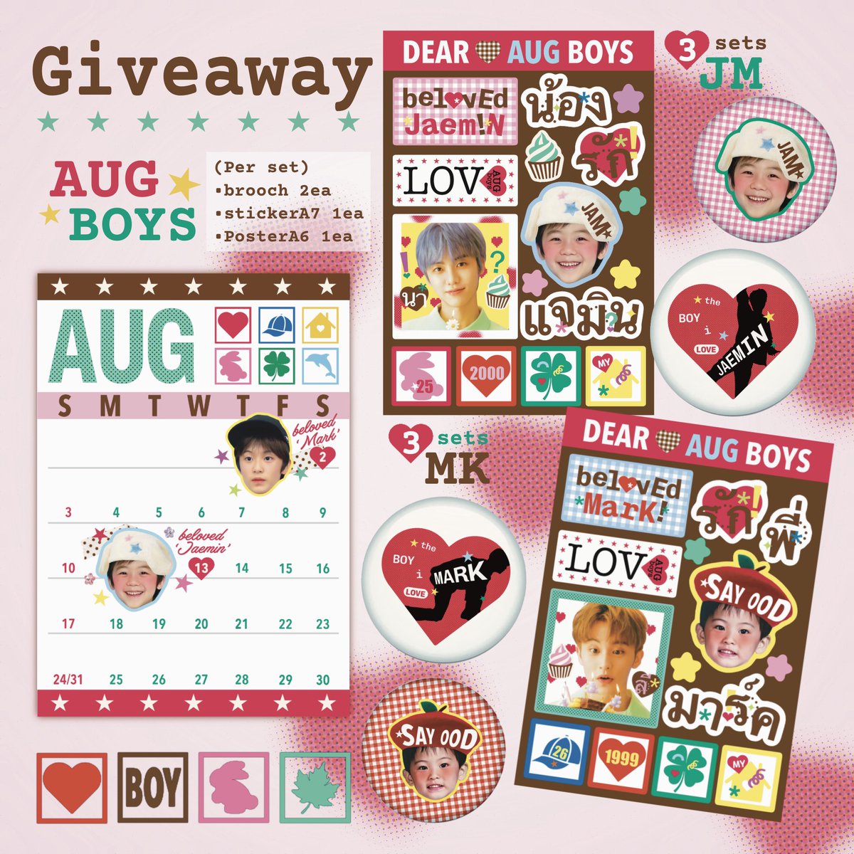 giveaway✶

AUG boys’🍰 b!rthday
*(🐆) mark 3 sets
*(🐇) jaemin 3 sets
select one set~

📂: gg form 3 aug ⏰ : 20.00
shipping : 30-

#HAPPYMARKLEEDAY #HAPPYJAEMINDAY