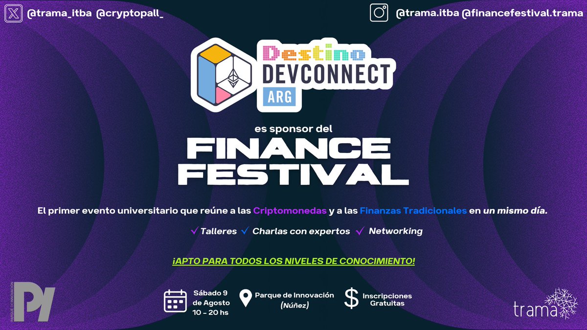 Estamos entusiasmados de presentar a <a href="/EFDevcon/">Devconnect ARG - the first Ethereum World’s Fair</a> como Sponsors del Finance Festival 🚀🚀

Inscripciones GRATUITAS en forms.gle/6d2d3UuS7hcbvP…
