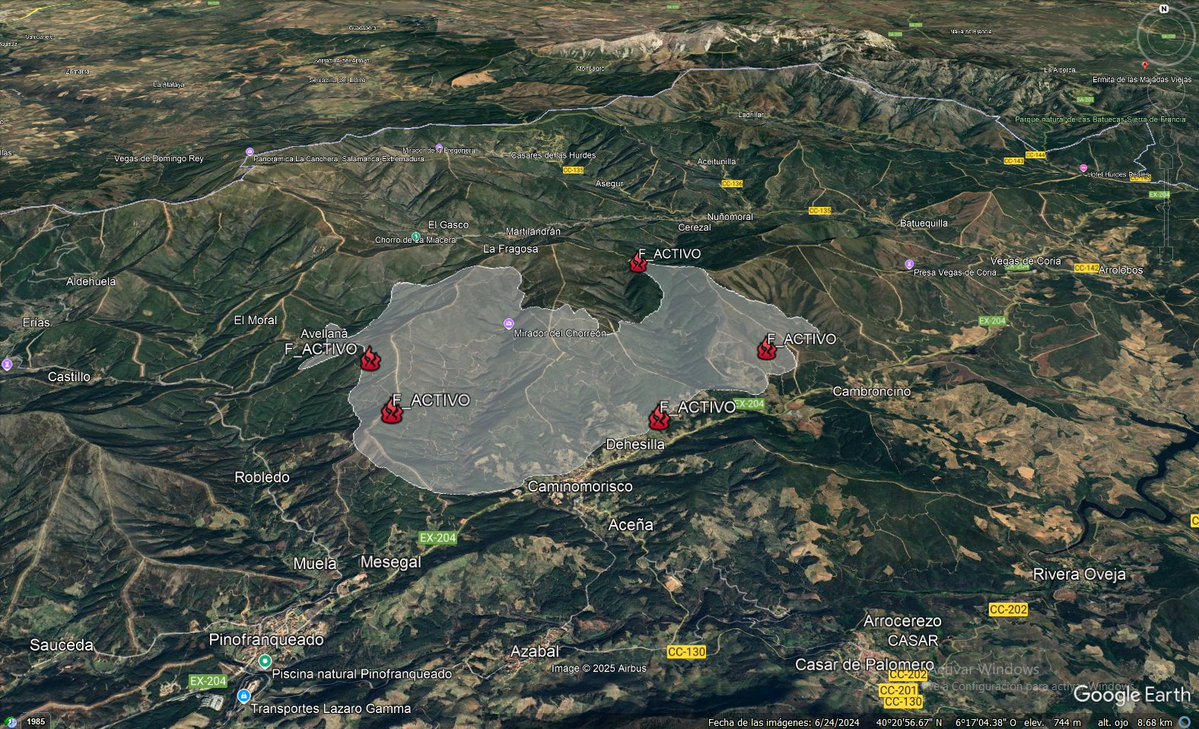 #IFCaminomorisco #Cáceres Estado del #IF según @nasafirms últimos datos MODIS 30075025 +-2500H .Frentes activos