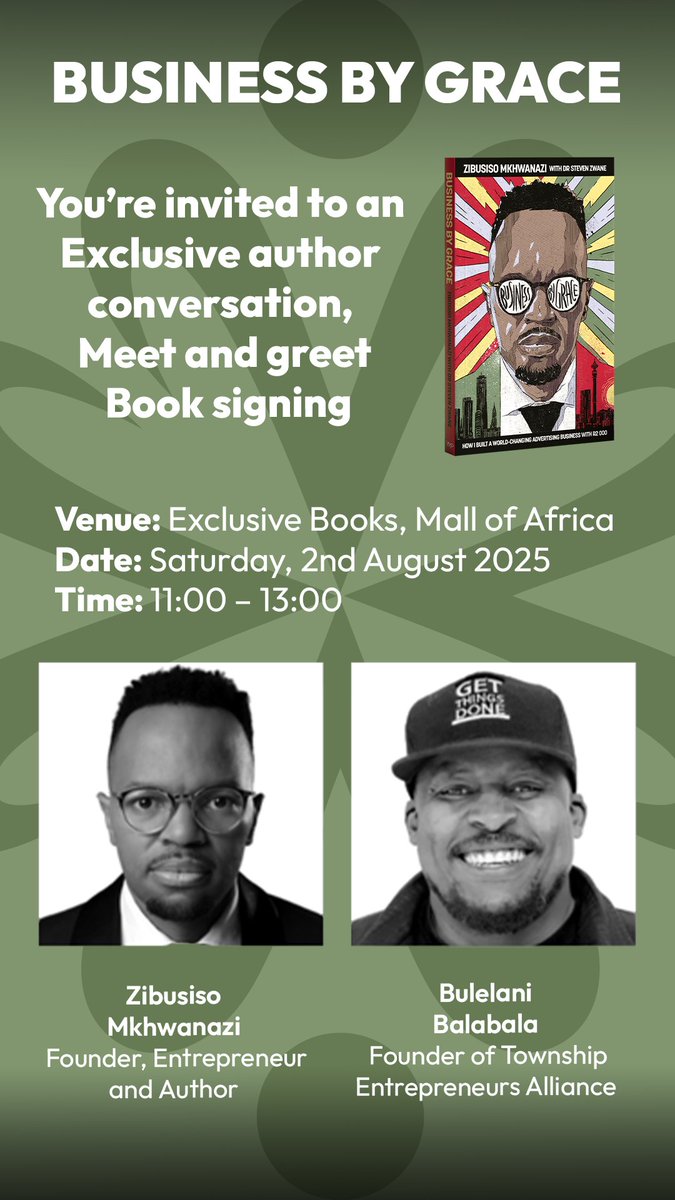 Avatar Agency Group (@avatar_za) on Twitter photo Two Giants. One Room. Limited Seats. RSVP to book your spot: exclusivebooks.co.za/pages/events#?…
<a href="/Zibusiso/">Mkhwanazi Foundation</a> <a href="/BulelaniBala/">#GetThingsDone</a> #BusinessbyGrace Two Giants. One Room. Limited Seats. RSVP to book your spot: exclusivebooks.co.za/pages/events#?…
<a href="/Zibusiso/">Mkhwanazi Foundation</a> <a href="/BulelaniBala/">#GetThingsDone</a> #BusinessbyGrace