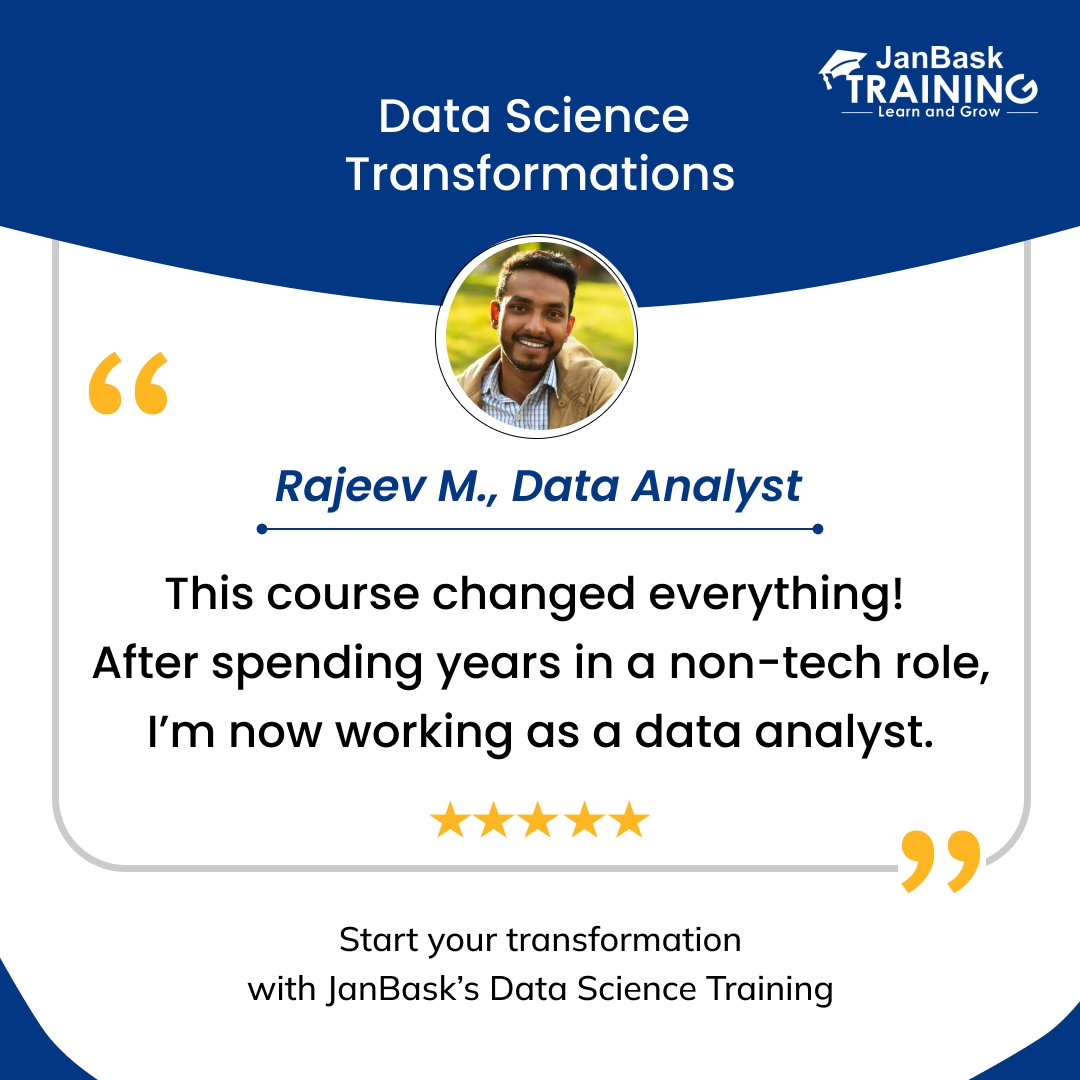 janbasktraining's tweet image. 📊 Real learners. Real transformations.

&quot;I was working in sales with zero tech background. After joining JanBask’s Data Science course, I landed a data analyst role in 3 months!&quot;

#DataScienceReview #StudentSuccess #LearnDataScience #JanBaskTraining #CareerShift