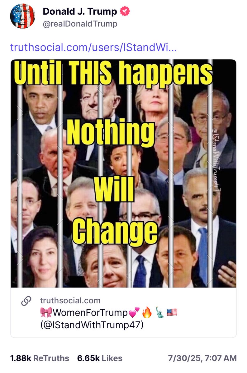 Clandestine (@warclandestine) on Twitter photo This morning, Trump went on another posting spree about locking up Obama and his cronies for treason.
Is Trump just talking shit, or is he actually trying to tell us that arrests are coming?
Interpret this however you like, but Trump continues to normalize this possibility. This morning, Trump went on another posting spree about locking up Obama and his cronies for treason.
Is Trump just talking shit, or is he actually trying to tell us that arrests are coming?
Interpret this however you like, but Trump continues to normalize this possibility.