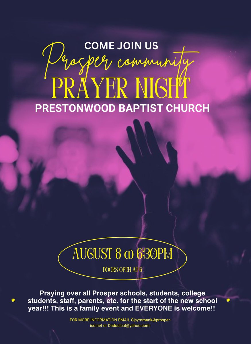 Join us the Friday before school starts to pray over the new school year! All Elementary, Middle and High schools invited!!! Hope to see everyone there✝️