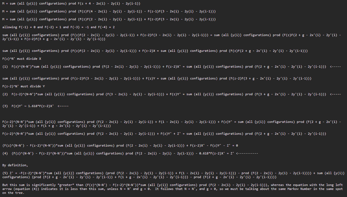 webystar's tweet image. I think that&apos;s a wrap. I relied heavily on the equation F(a+b) = F(a)F(b) + F(a-1)F(b-1).#MarkovNumbers #Unicity #snakegraphs It will take some extrapolation at the end to explain why the one sum is significantly greater than the other.  equations are ready; don&apos;t get lost, webby