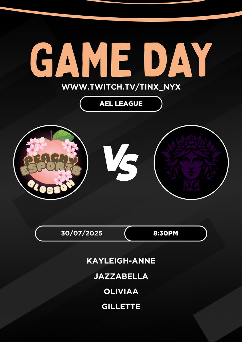 Peachy eSports (@peachy_esports) on Twitter photo 🚨GAMEDAY!🚨
Peachy Blossom 🆚 NYX Guerrillas
<a href="/TheNyxHQ/">Nyx Esports 🎆</a>
🔴 <a href="/AMeLeague/">AEL - Amateur Esports League</a>
⏰ 8:30PM GMT
📽️ twitch.tv/tinx_nyx
Roster:
🍑 <a href="/_kayleighscott/">Kayleigh</a>
🍑 <a href="/JazmynAdele/">Peachy | Jazzabella🩷</a>
🍑 <a href="/C96Oliviaa/">OliviaaC96</a>
🍑 <a href="/galaxycarmCOD/">Dee | gillette04</a> 🚨GAMEDAY!🚨
Peachy Blossom 🆚 NYX Guerrillas
<a href="/TheNyxHQ/">Nyx Esports 🎆</a>
🔴 <a href="/AMeLeague/">AEL - Amateur Esports League</a>
⏰ 8:30PM GMT
📽️ twitch.tv/tinx_nyx
Roster:
🍑 <a href="/_kayleighscott/">Kayleigh</a>
🍑 <a href="/JazmynAdele/">Peachy | Jazzabella🩷</a>
🍑 <a href="/C96Oliviaa/">OliviaaC96</a>
🍑 <a href="/galaxycarmCOD/">Dee | gillette04</a>